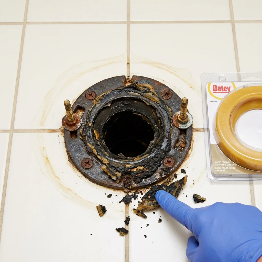 Failed wax ring showing water seepage at the base of a toilet in a Thomaston, ME home
