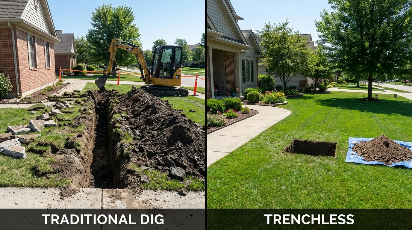 Trenchless sewer repair with minimal yard damage versus traditional excavation in Thomaston, ME